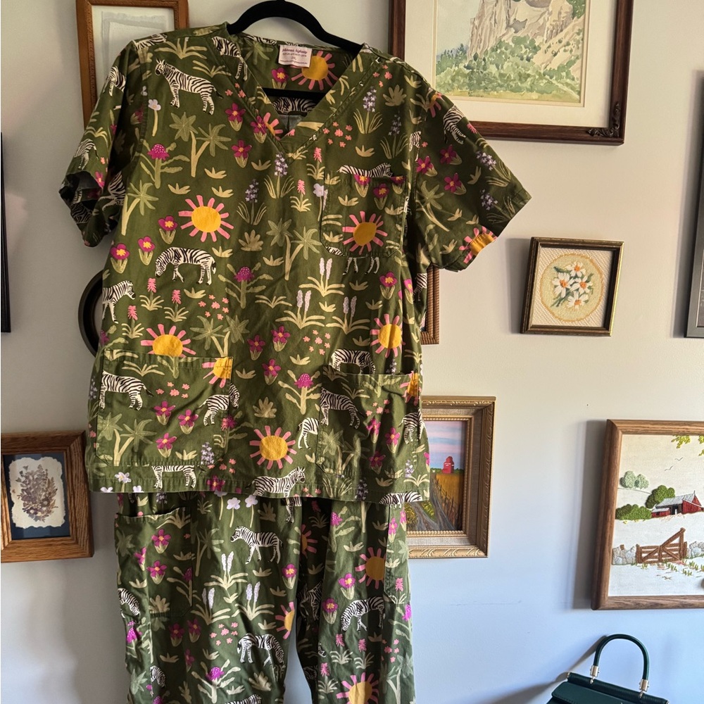 Green Floral and Zebra Print Scrub Set